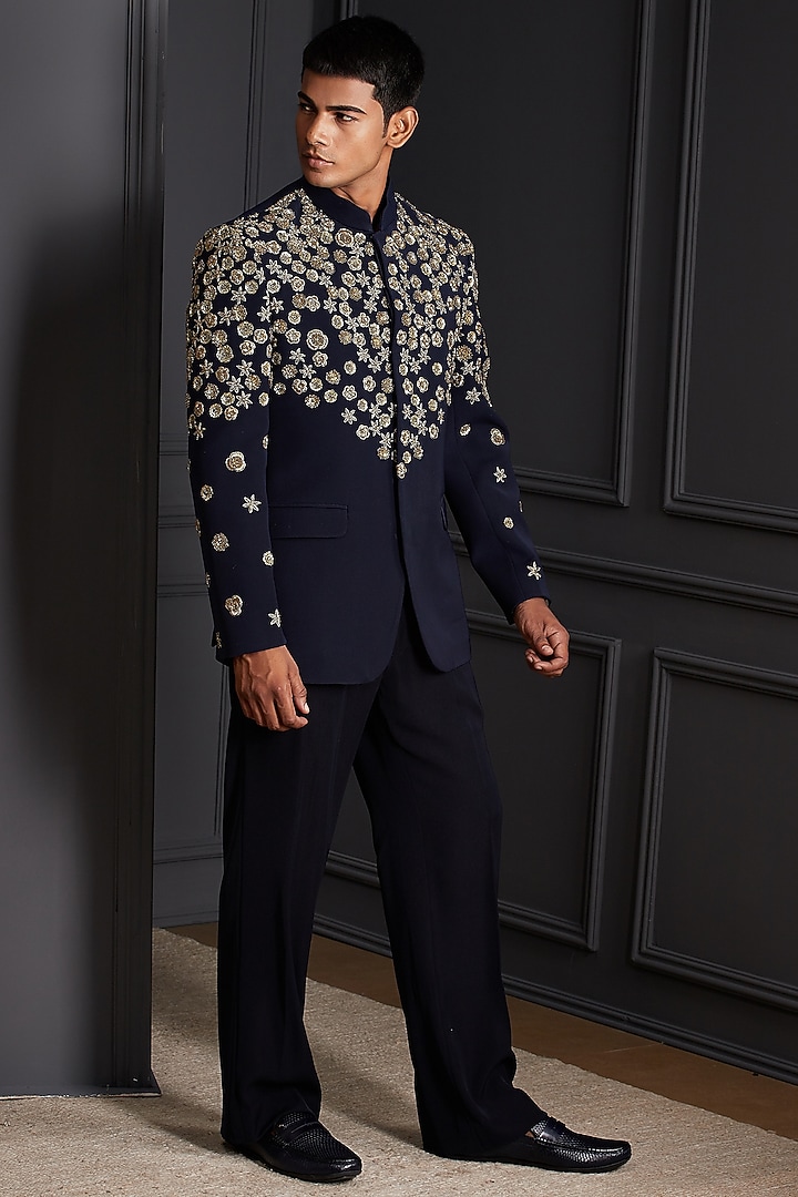 Midnight Navy Blue Suiting Japanese Fabric Floral Embroidered Wedding Bandhgala Set by Soniya G Men at Pernia's Pop Up Shop