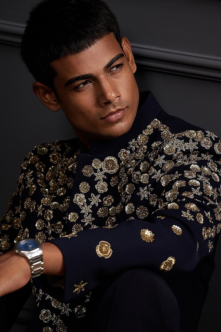 Midnight Navy Blue Suiting Japanese Fabric Floral Embroidered Wedding Bandhgala Set by Soniya G Men at Pernia's Pop Up Shop
