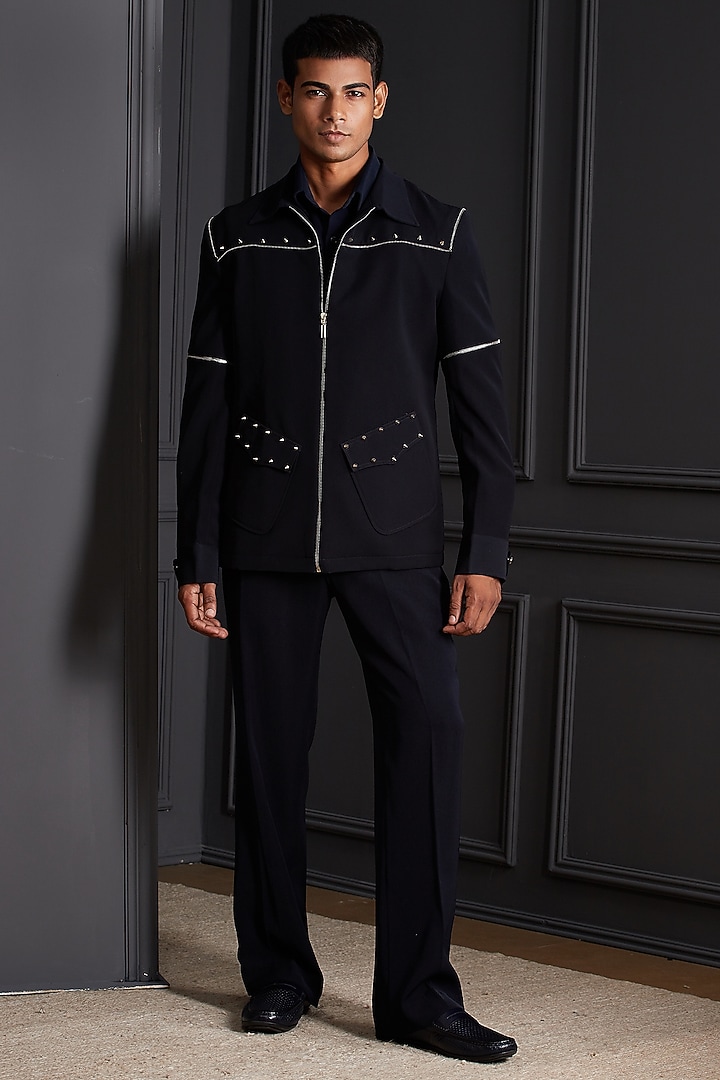 Midnight Navy Blue Suiting Japanese Fabric Tuxedo Set by Soniya G Men at Pernia's Pop Up Shop