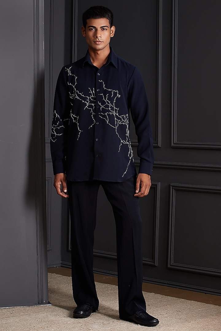 Midnight Navy Blue Suiting Japanese Fabric Tuxedo Set by Soniya G Men at Pernia's Pop Up Shop