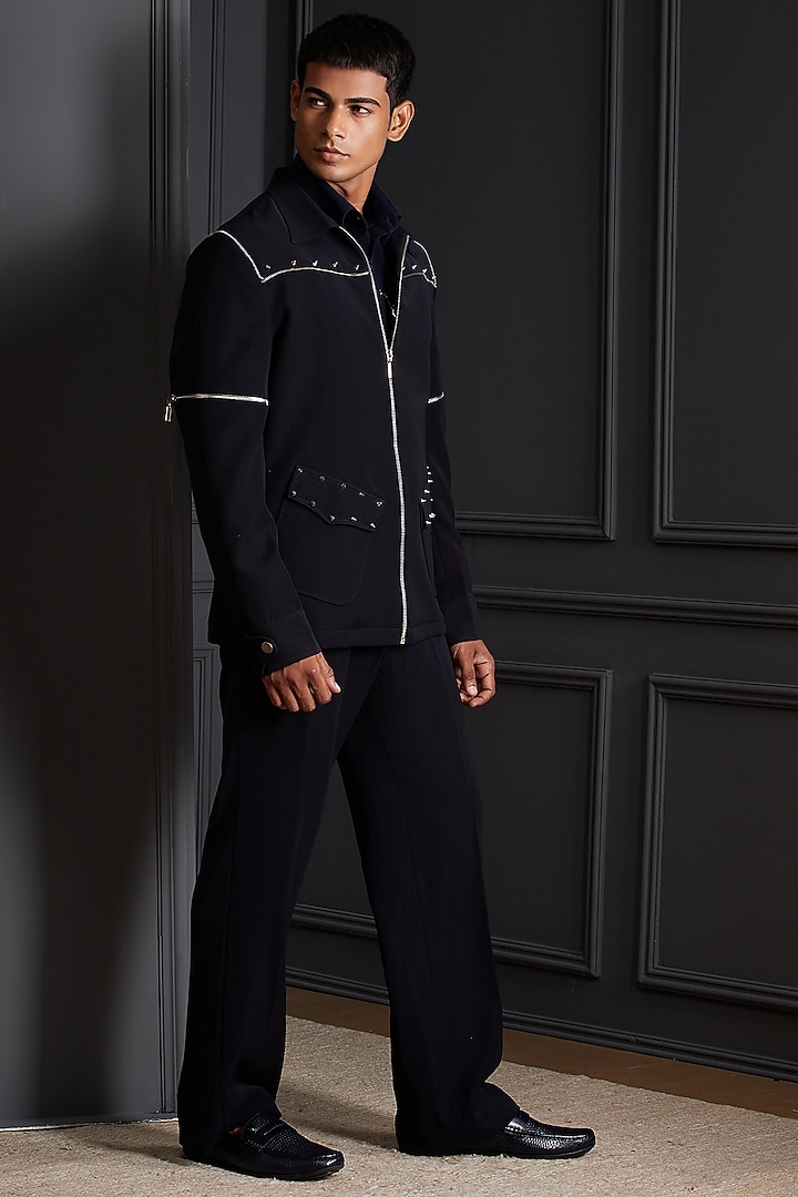 Midnight Navy Blue Suiting Japanese Fabric Tuxedo Set by Soniya G Men at Pernia's Pop Up Shop