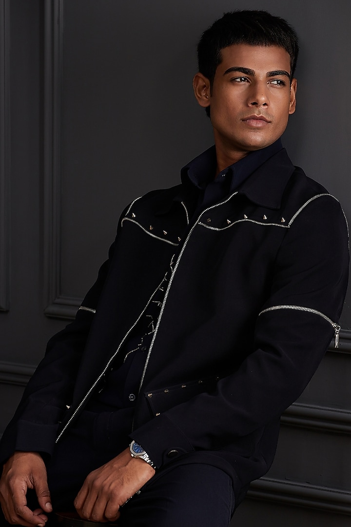 Midnight Navy Blue Suiting Japanese Fabric Tuxedo Set by Soniya G Men at Pernia's Pop Up Shop