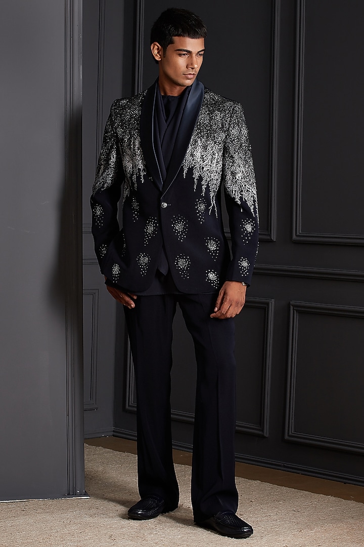 Midnight Navy Blue Suiting Japanese Fabric Embellished Tuxedo Set by Soniya G Men at Pernia's Pop Up Shop