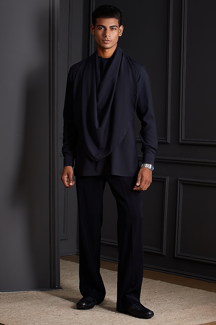 Midnight Navy Blue Suiting Japanese Fabric Embellished Tuxedo Set by Soniya G Men at Pernia's Pop Up Shop