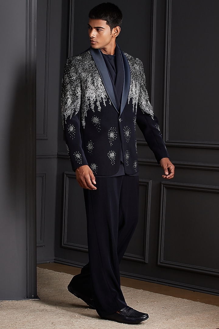 Midnight Navy Blue Suiting Japanese Fabric Embellished Tuxedo Set by Soniya G Men at Pernia's Pop Up Shop