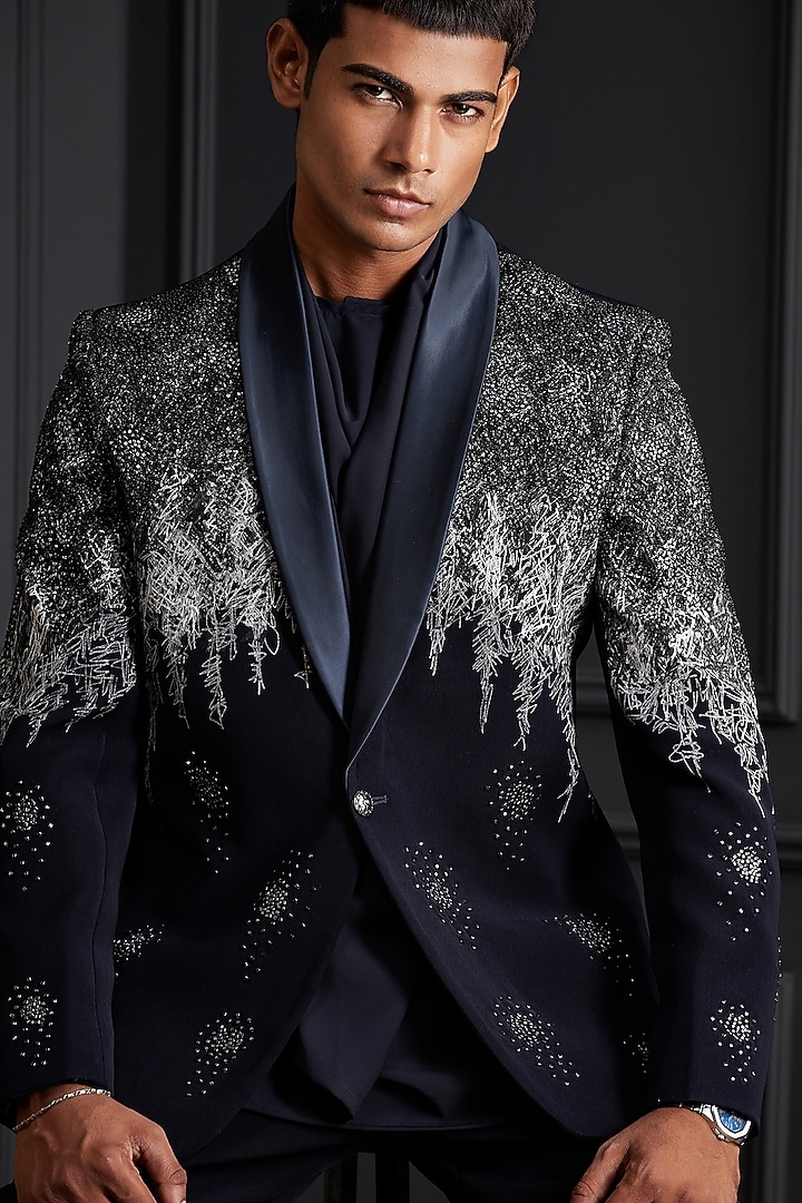 Midnight Navy Blue Suiting Japanese Fabric Embellished Tuxedo Set by Soniya G Men at Pernia's Pop Up Shop