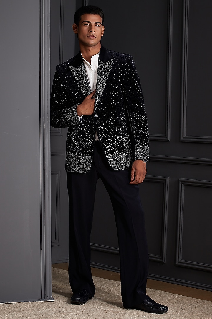 Black Suiting Japanese Fabric Crystal Embellished Tuxedo Set by Soniya G Men at Pernia's Pop Up Shop