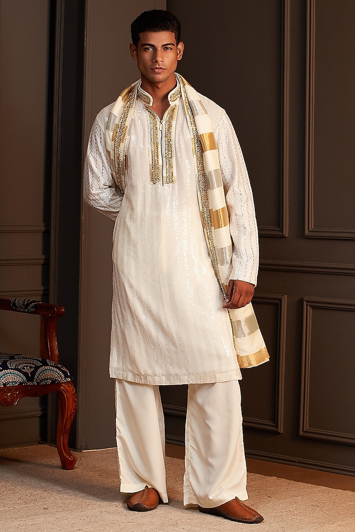 White Georgette Embellished Kurta Set by Soniya G Men at Pernia's Pop Up Shop