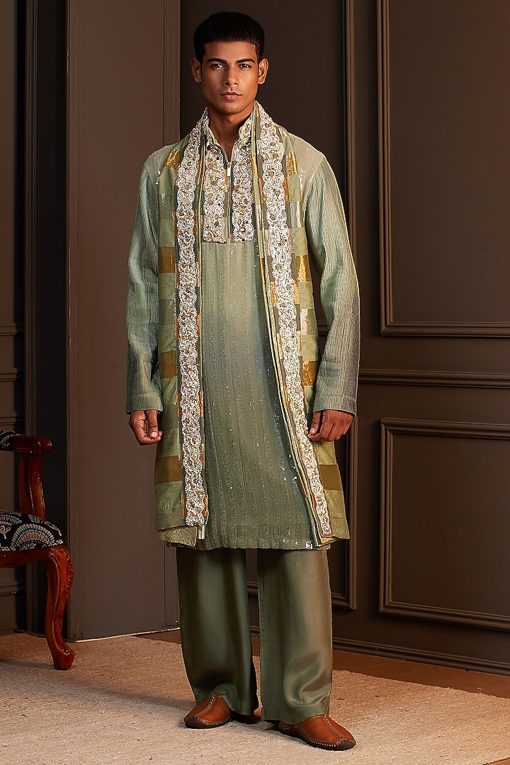 Sage Green Georgette Embellished Kurta Set by Soniya G Men at Pernia's Pop Up Shop
