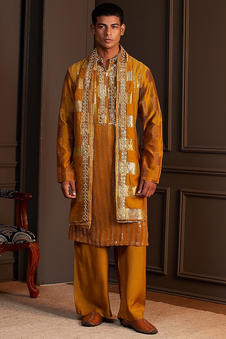 Mustard Georgette Mirror Embellished Kurta Set by Soniya G Men at Pernia's Pop Up Shop