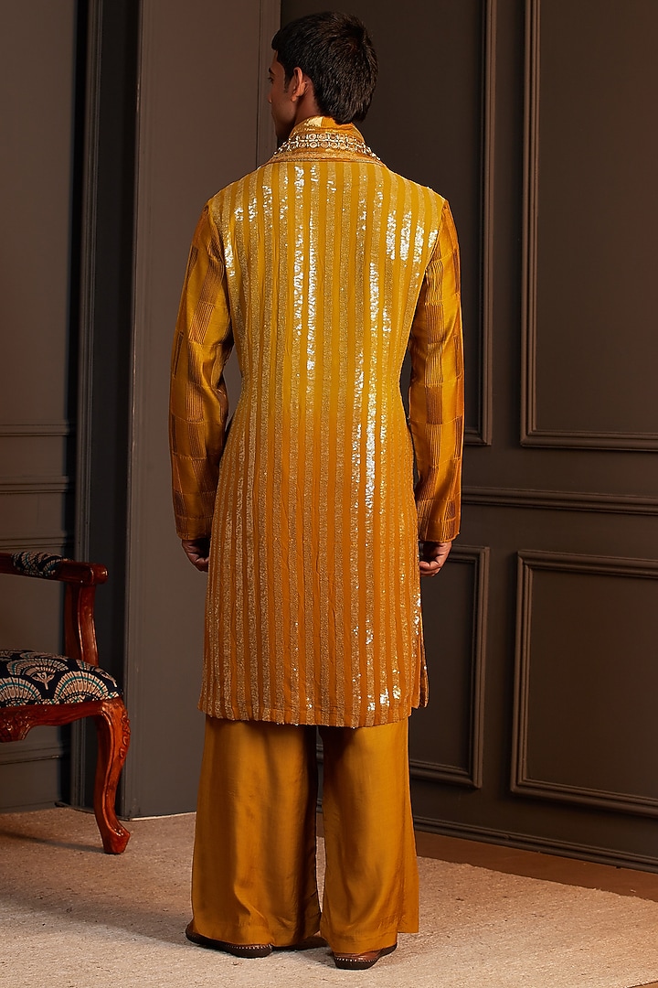 Mustard Georgette Mirror Embellished Kurta Set by Soniya G Men at Pernia's Pop Up Shop