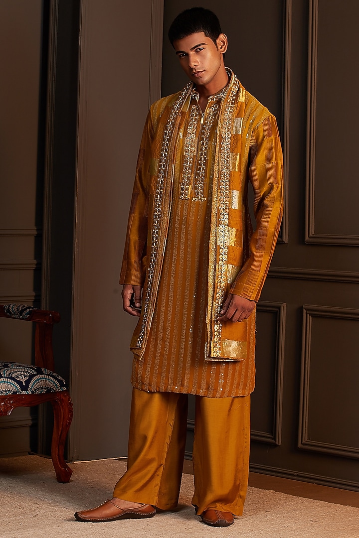 Mustard Georgette Mirror Embellished Kurta Set by Soniya G Men at Pernia's Pop Up Shop