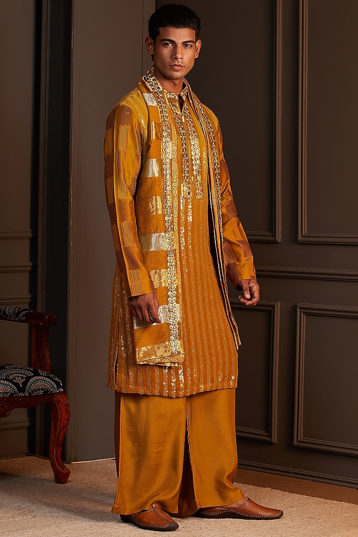 Mustard Georgette Mirror Embellished Kurta Set by Soniya G Men at Pernia's Pop Up Shop