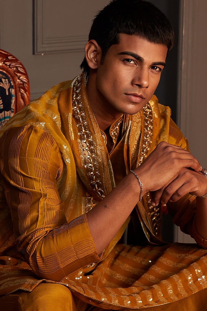 Mustard Georgette Mirror Embellished Kurta Set by Soniya G Men at Pernia's Pop Up Shop