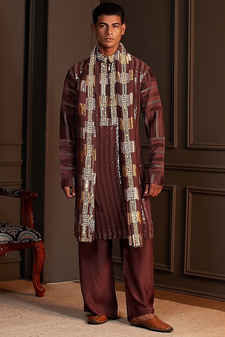 Chocolate Brown Georgette Mirror Embellished Kurta Set by Soniya G Men at Pernia's Pop Up Shop