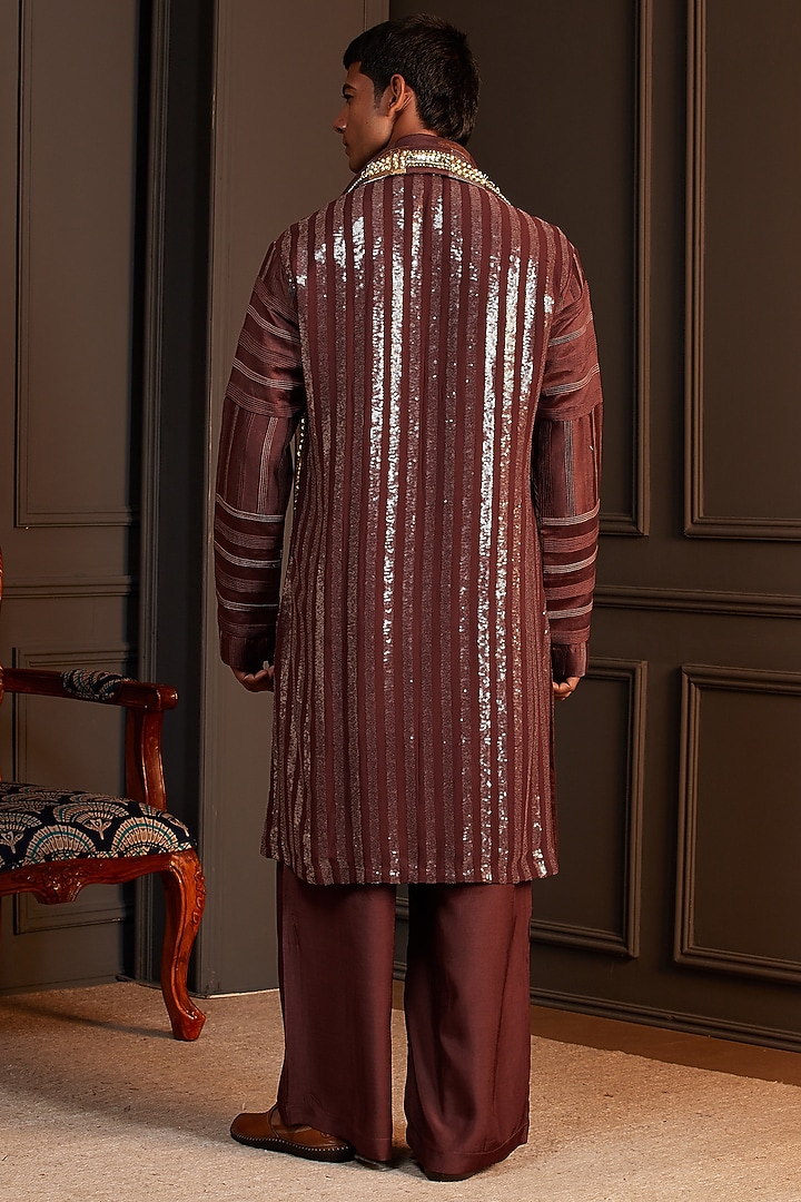 Chocolate Brown Georgette Mirror Embellished Kurta Set by Soniya G Men at Pernia's Pop Up Shop