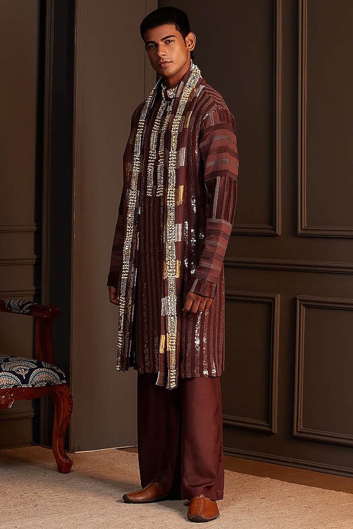 Chocolate Brown Georgette Mirror Embellished Kurta Set by Soniya G Men at Pernia's Pop Up Shop