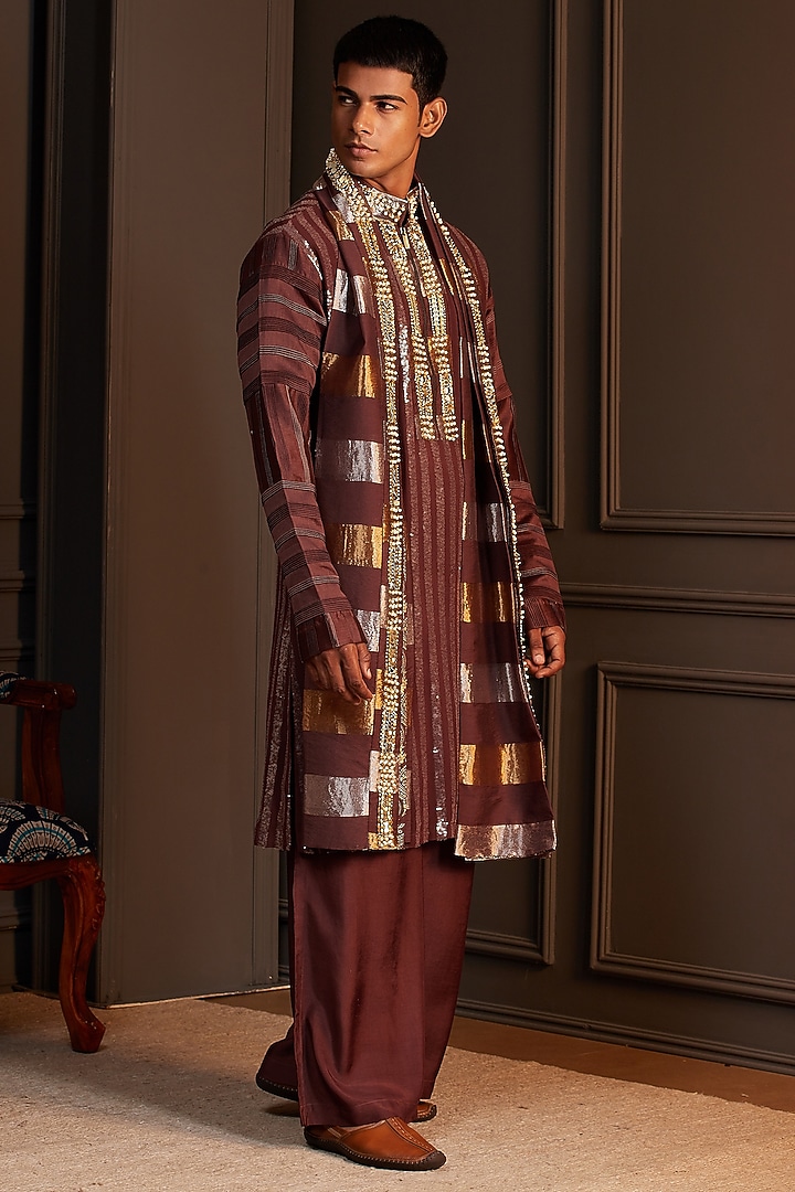 Chocolate Brown Georgette Mirror Embellished Kurta Set by Soniya G Men at Pernia's Pop Up Shop