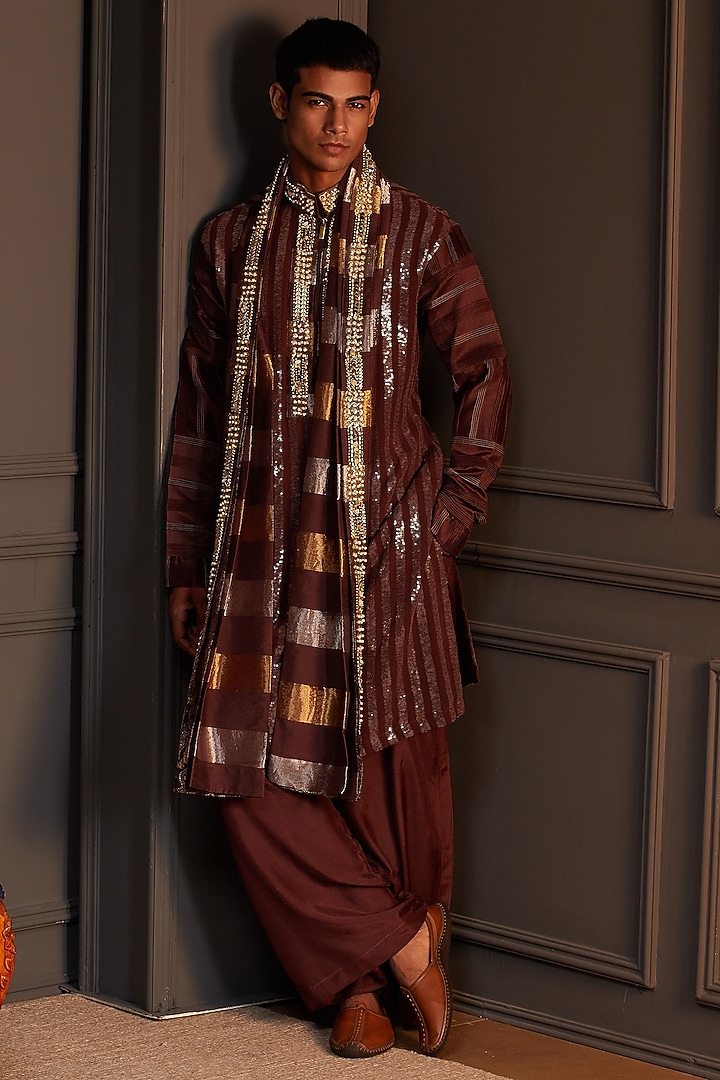 Chocolate Brown Georgette Mirror Embellished Kurta Set by Soniya G Men at Pernia's Pop Up Shop