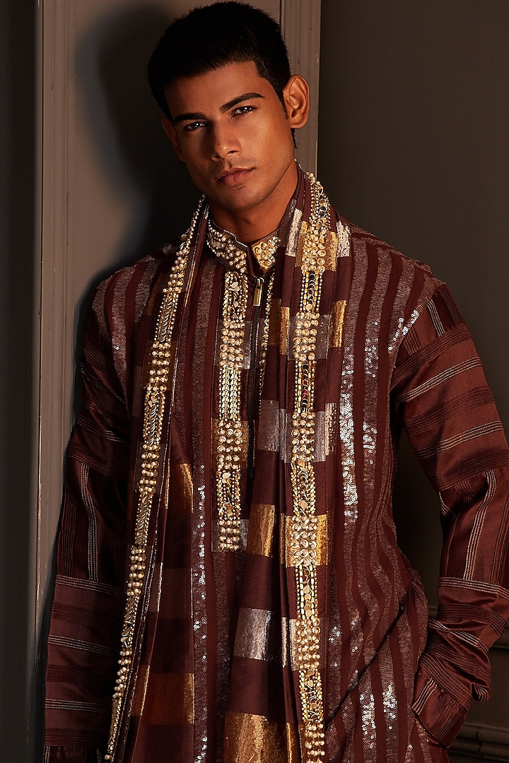 Chocolate Brown Georgette Mirror Embellished Kurta Set by Soniya G Men at Pernia's Pop Up Shop