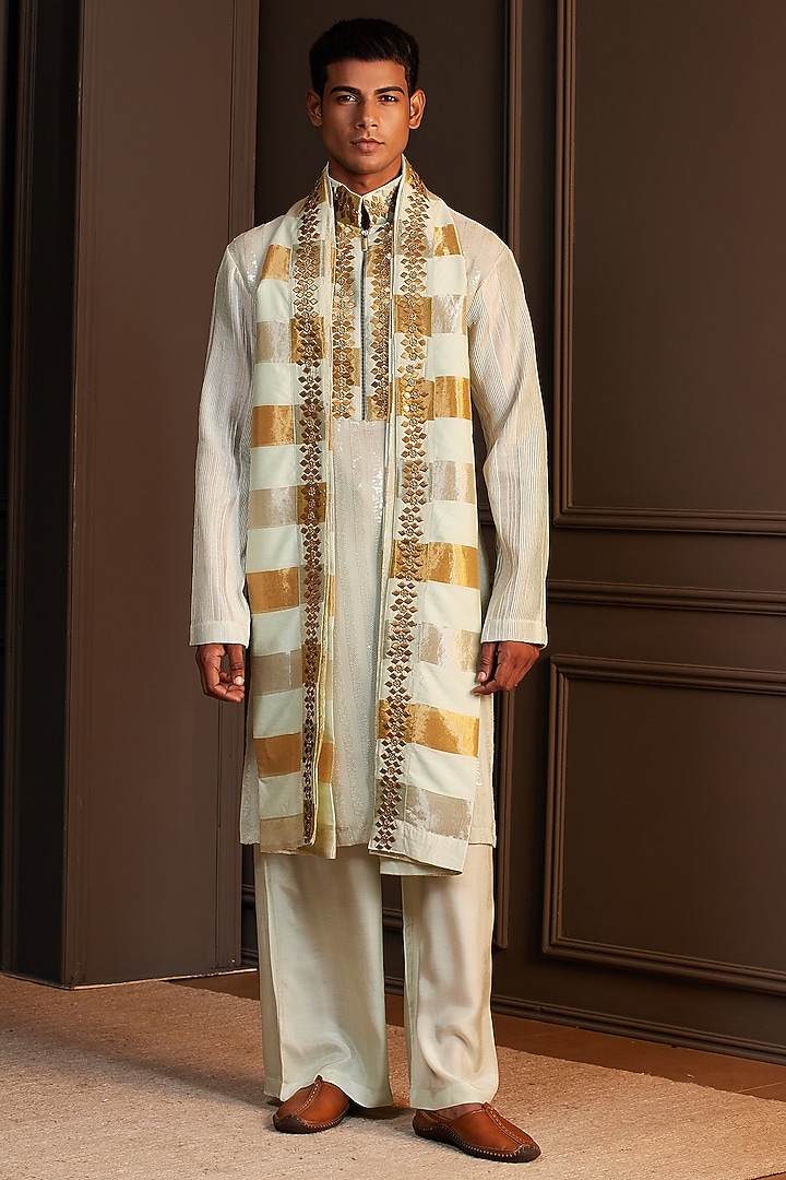 Mint Green Georgette Geometric Embellished Kurta Set by Soniya G Men at Pernia's Pop Up Shop