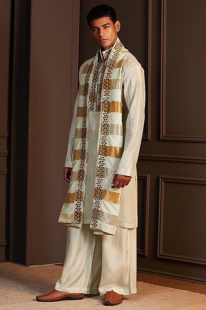 Mint Green Georgette Geometric Embellished Kurta Set by Soniya G Men at Pernia's Pop Up Shop