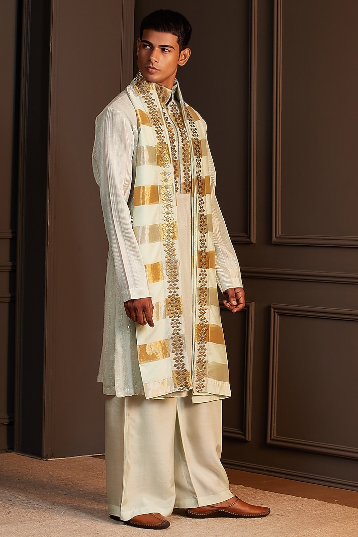 Mint Green Georgette Geometric Embellished Kurta Set by Soniya G Men at Pernia's Pop Up Shop