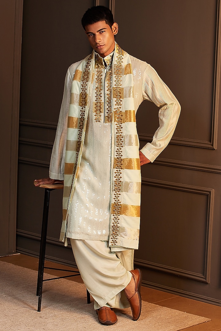 Mint Green Georgette Geometric Embellished Kurta Set by Soniya G Men at Pernia's Pop Up Shop