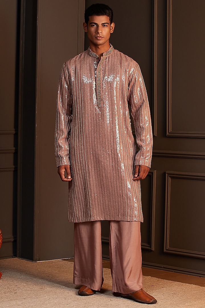 Dusty Rose Sequins Silk Embellished Kurta Set by Soniya G Men at Pernia's Pop Up Shop