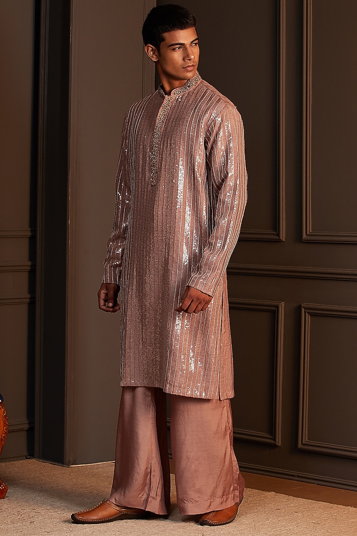 Dusty Rose Sequins Silk Embellished Kurta Set by Soniya G Men at Pernia's Pop Up Shop