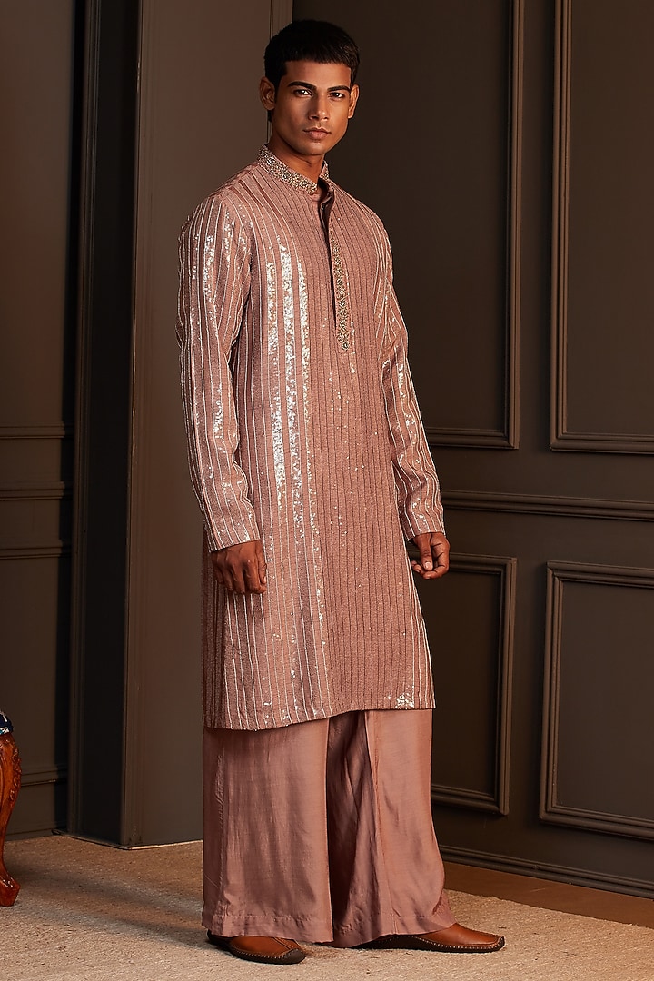 Dusty Rose Sequins Silk Embellished Kurta Set by Soniya G Men at Pernia's Pop Up Shop