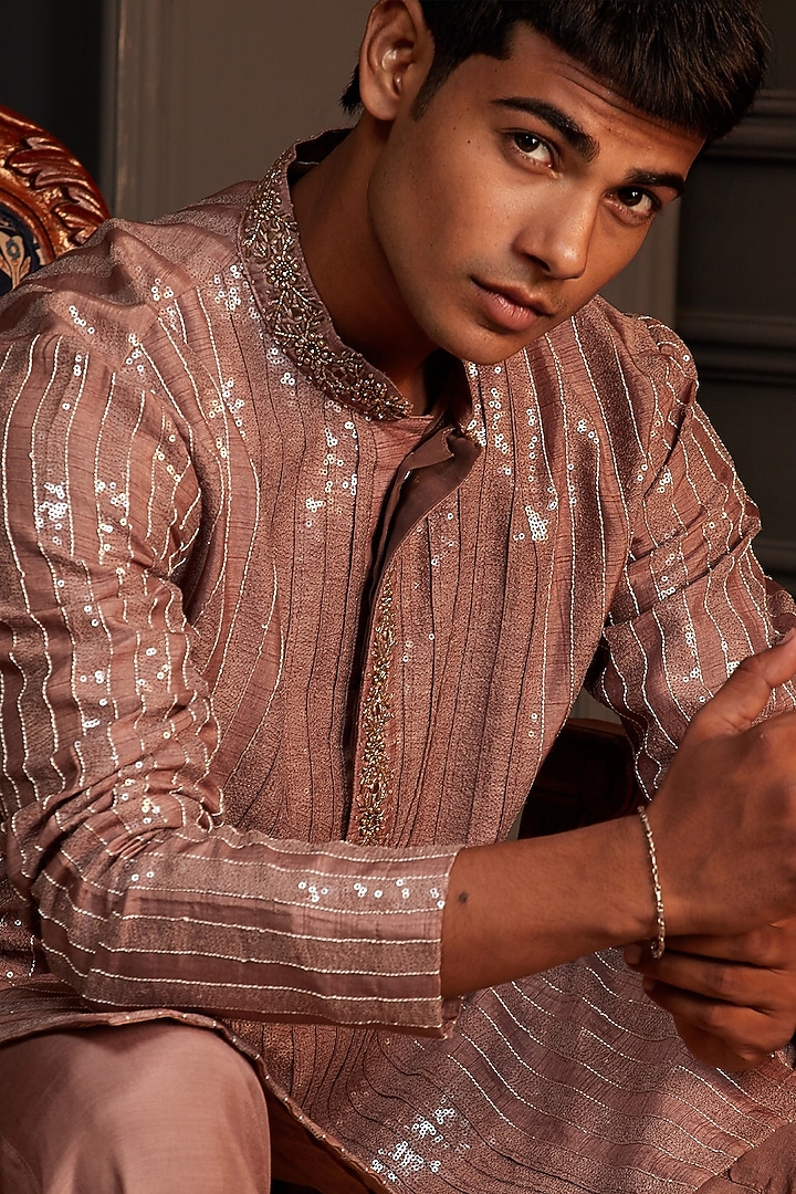 Dusty Rose Sequins Silk Embellished Kurta Set by Soniya G Men at Pernia's Pop Up Shop