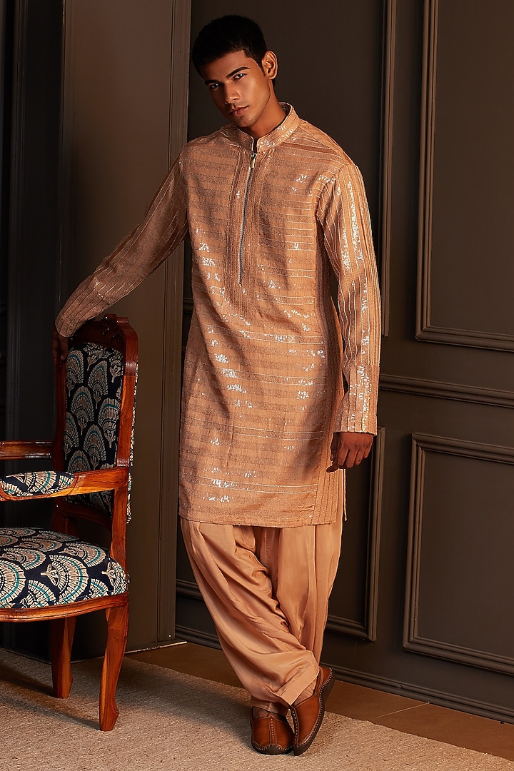 Gold Sequins Silk Kurta Set by Soniya G Men at Pernia's Pop Up Shop