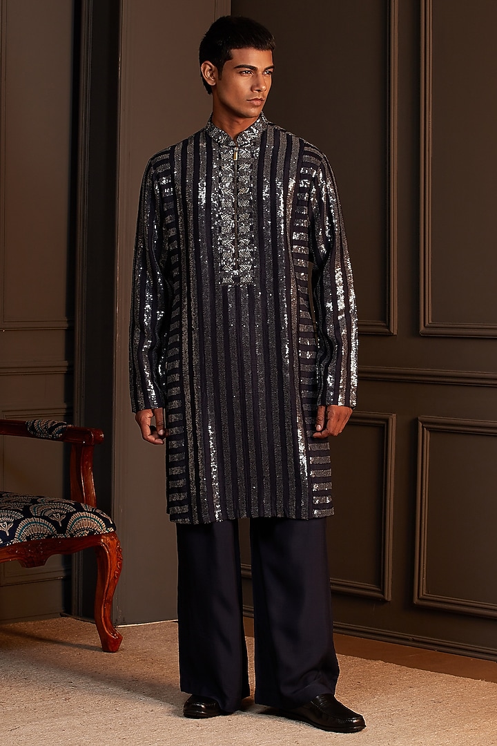 Navy Blue Sequins Silk Embellished Kurta Set by Soniya G Men at Pernia's Pop Up Shop