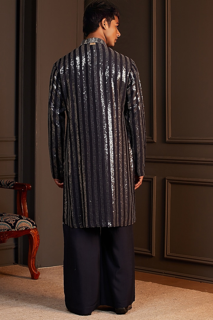 Navy Blue Sequins Silk Embellished Kurta Set by Soniya G Men at Pernia's Pop Up Shop