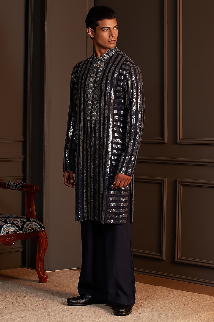 Navy Blue Sequins Silk Embellished Kurta Set by Soniya G Men at Pernia's Pop Up Shop
