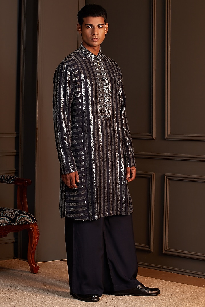 Navy Blue Sequins Silk Embellished Kurta Set by Soniya G Men at Pernia's Pop Up Shop