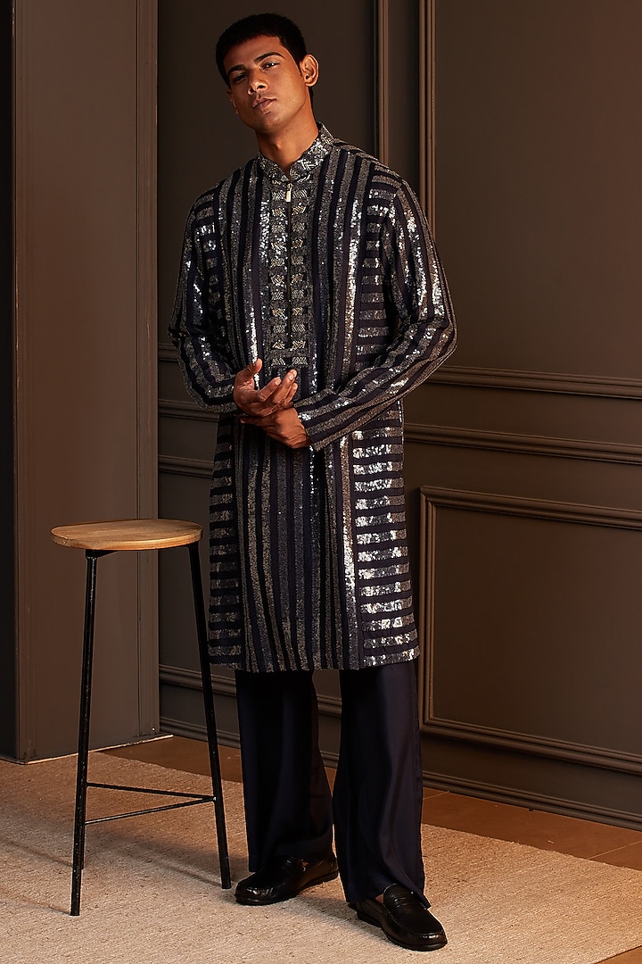 Navy Blue Sequins Silk Embellished Kurta Set by Soniya G Men at Pernia's Pop Up Shop