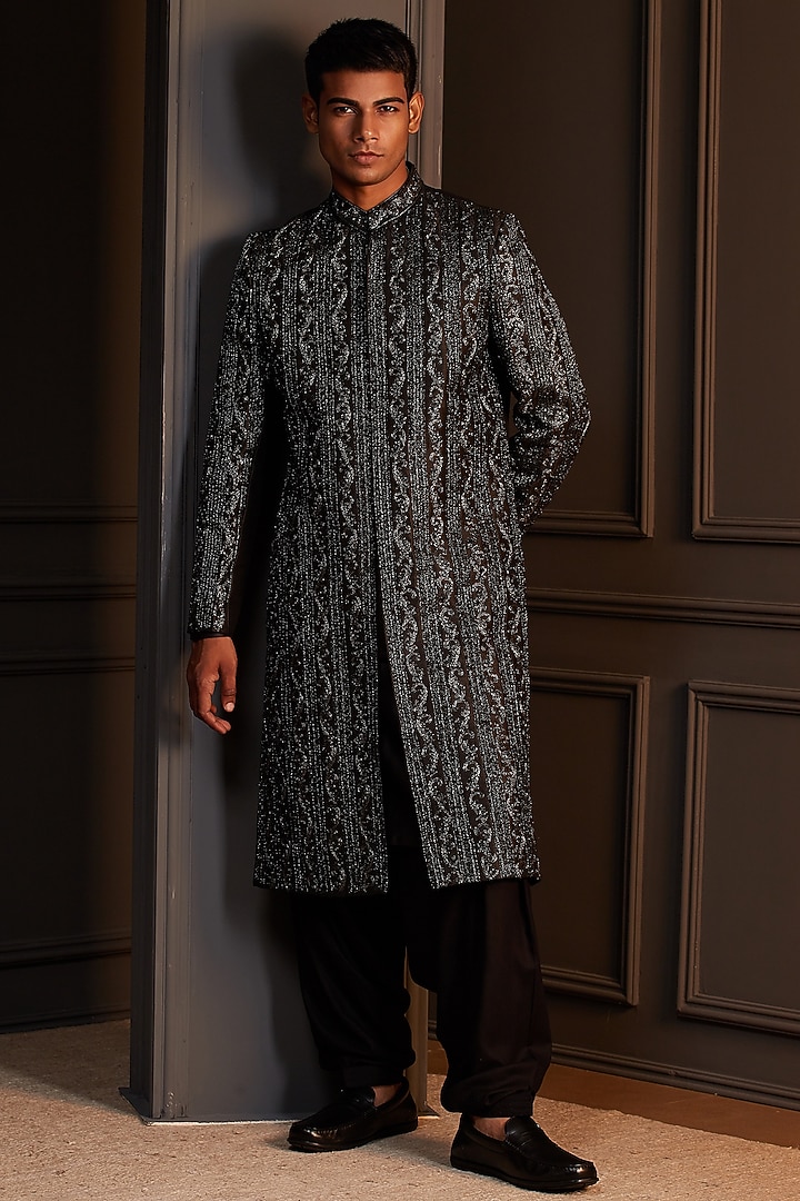 Black Raw Silk Embroidered Groom Sherwani Set by Soniya G Men at Pernia's Pop Up Shop