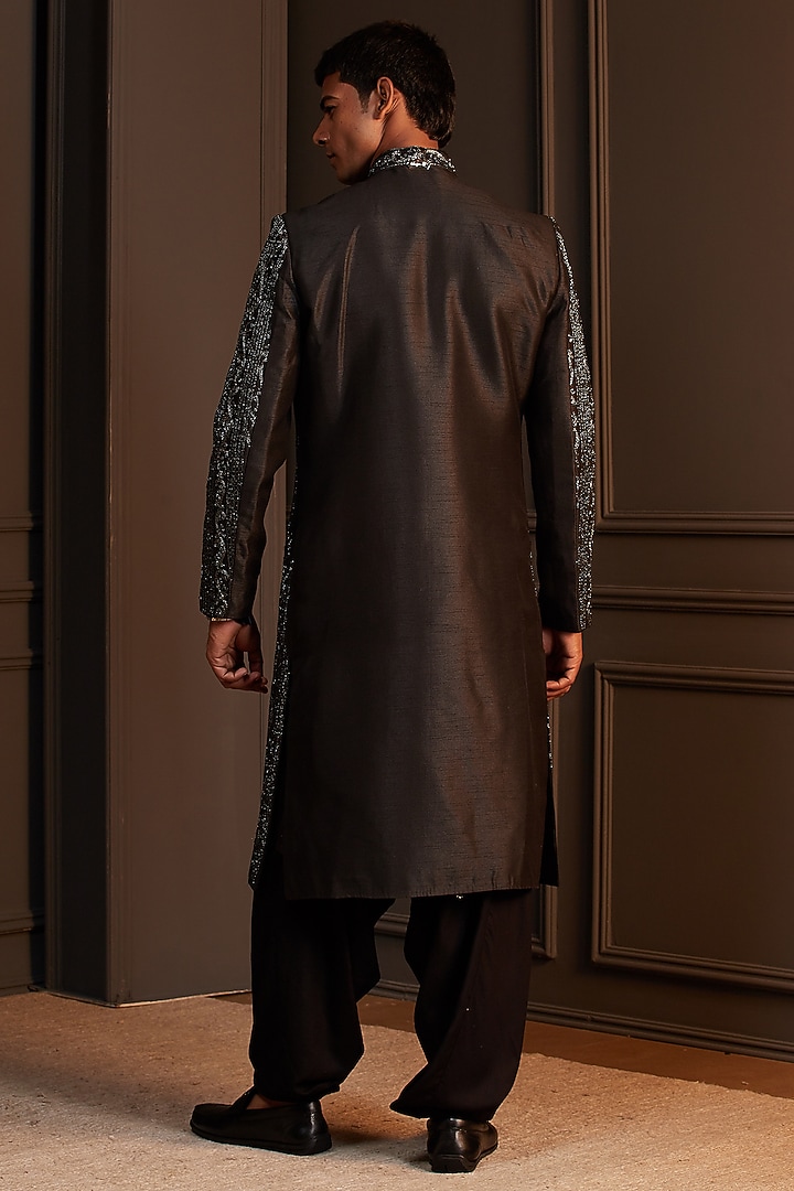 Black Raw Silk Embroidered Groom Sherwani Set by Soniya G Men at Pernia's Pop Up Shop