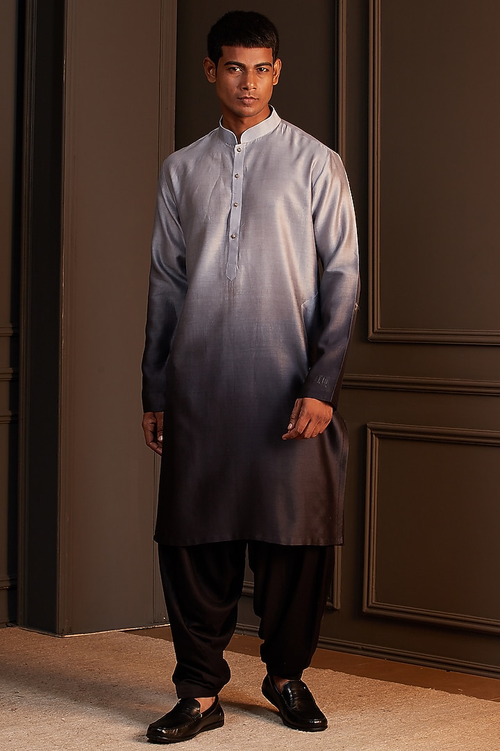 Black Raw Silk Embroidered Groom Sherwani Set by Soniya G Men at Pernia's Pop Up Shop
