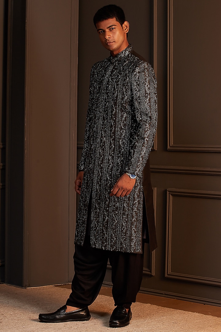 Black Raw Silk Embroidered Groom Sherwani Set by Soniya G Men at Pernia's Pop Up Shop