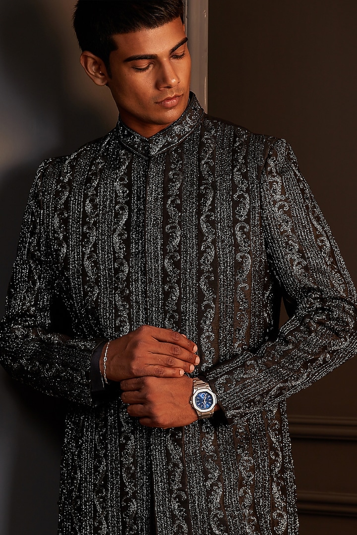 Black Raw Silk Embroidered Groom Sherwani Set by Soniya G Men at Pernia's Pop Up Shop