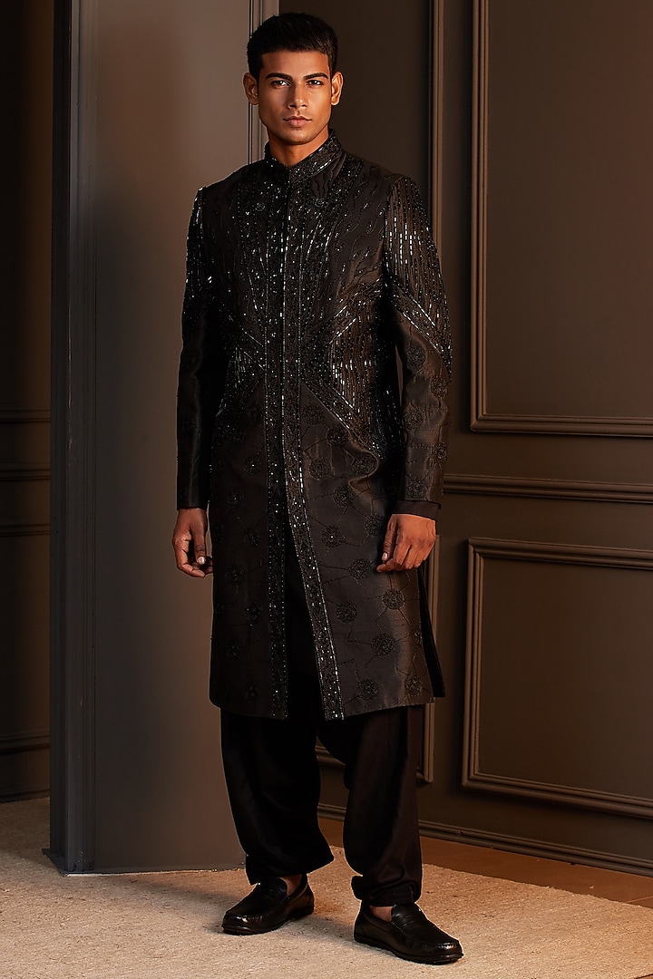Black Raw Silk Embroidered Groom Sherwani Set by Soniya G Men at Pernia's Pop Up Shop
