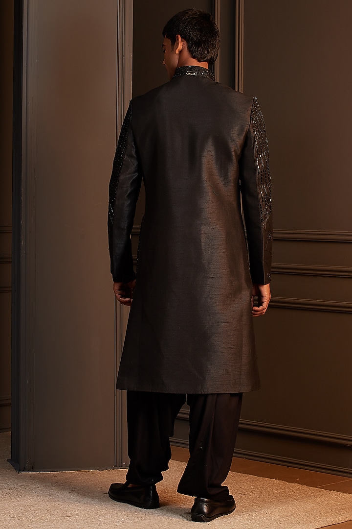 Black Raw Silk Embroidered Groom Sherwani Set by Soniya G Men at Pernia's Pop Up Shop