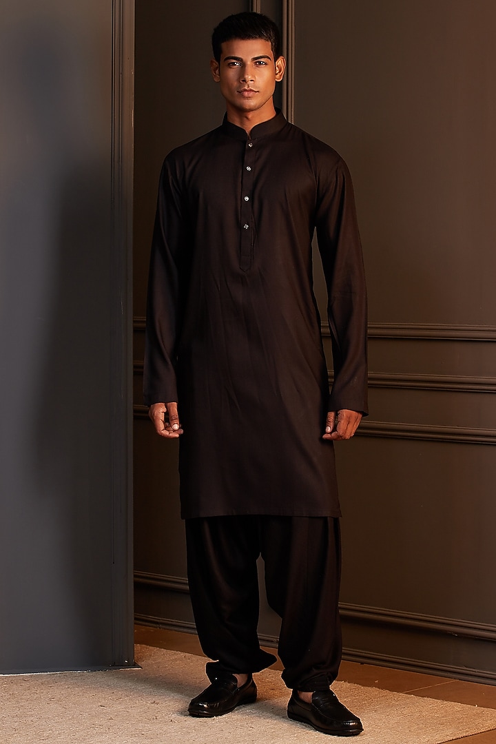 Black Raw Silk Embroidered Groom Sherwani Set by Soniya G Men at Pernia's Pop Up Shop