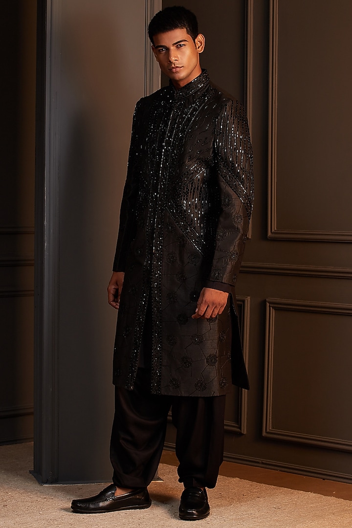 Black Raw Silk Embroidered Groom Sherwani Set by Soniya G Men at Pernia's Pop Up Shop