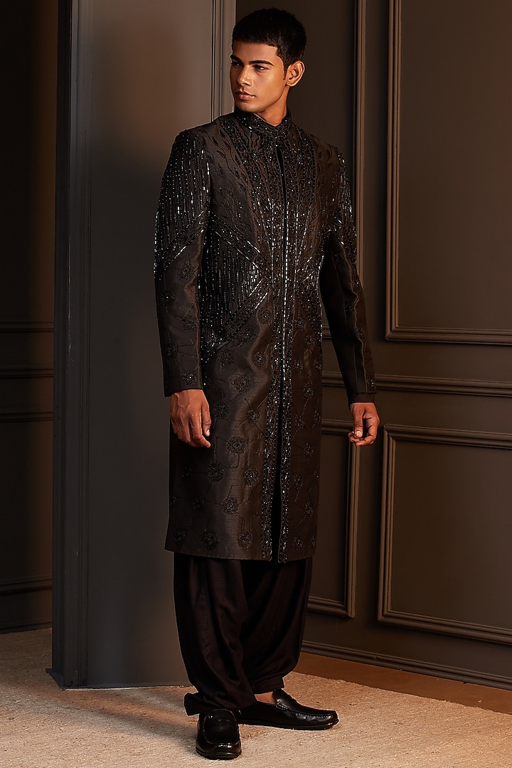 Black Raw Silk Embroidered Groom Sherwani Set by Soniya G Men at Pernia's Pop Up Shop