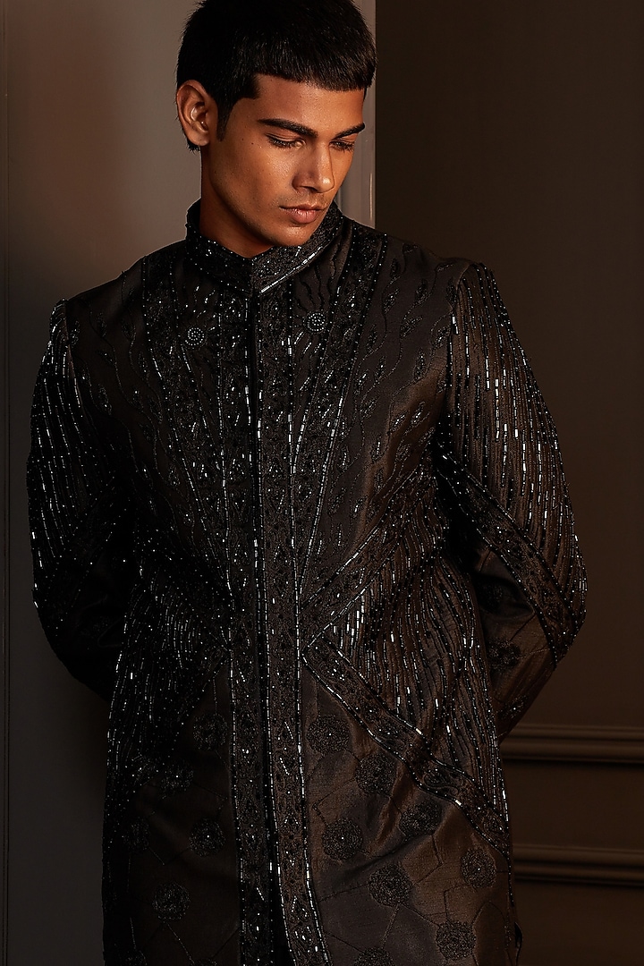 Black Raw Silk Embroidered Groom Sherwani Set by Soniya G Men at Pernia's Pop Up Shop