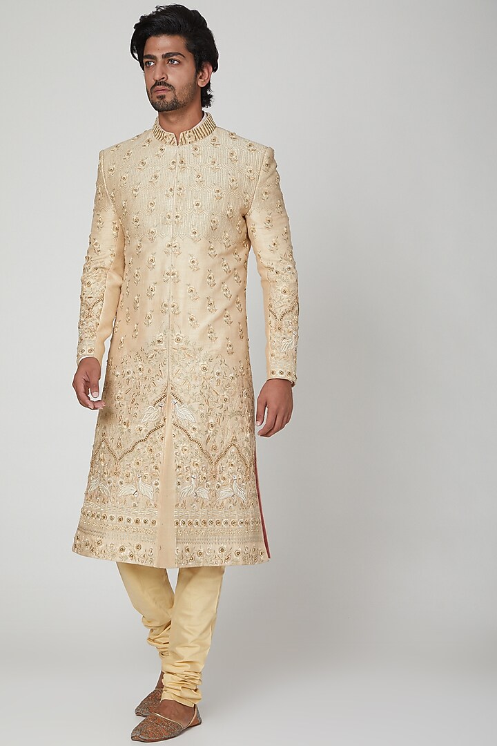 Beige Embroidered Groom Sherwani Set by Soniya G Men at Pernia's Pop Up Shop